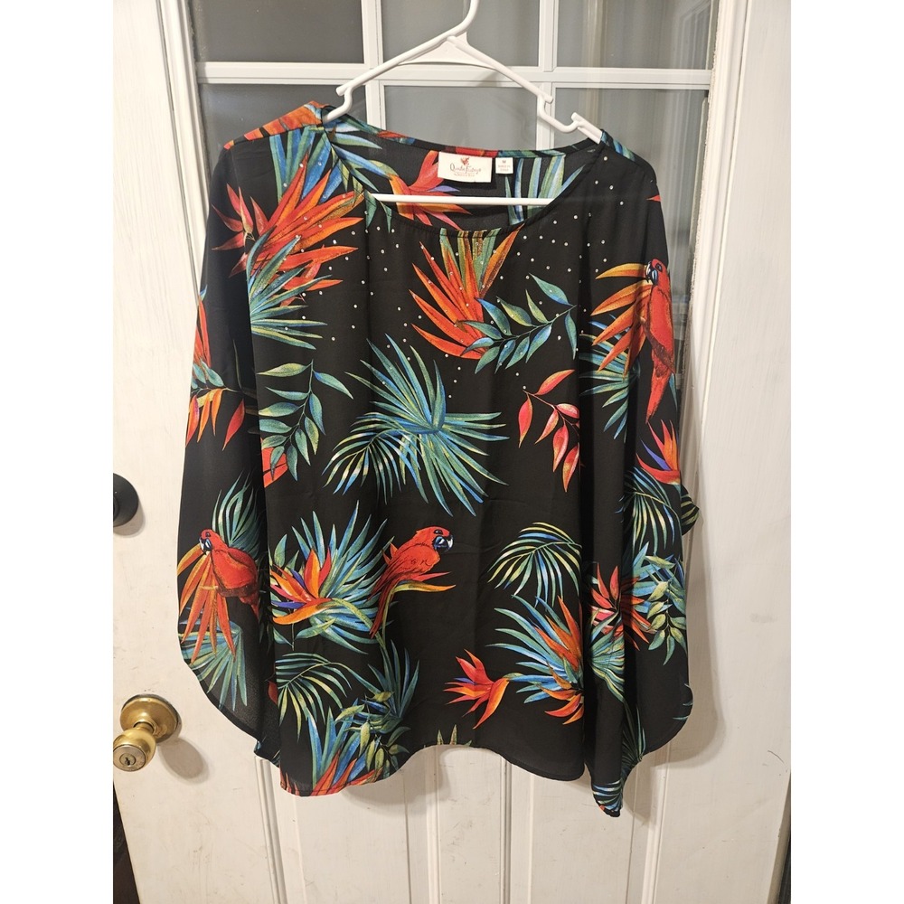 Quacker Factory Parrot Cape Ruana Poncho Tropical Bedazzled Black Medium